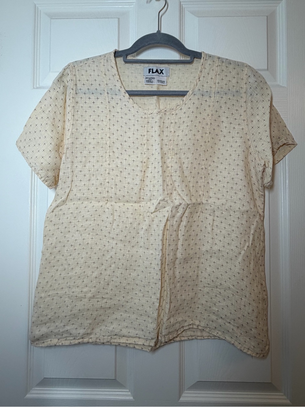 Flax Cream Short Sleeve Cotton Top with Micro Dot Print 100% linen Size Small